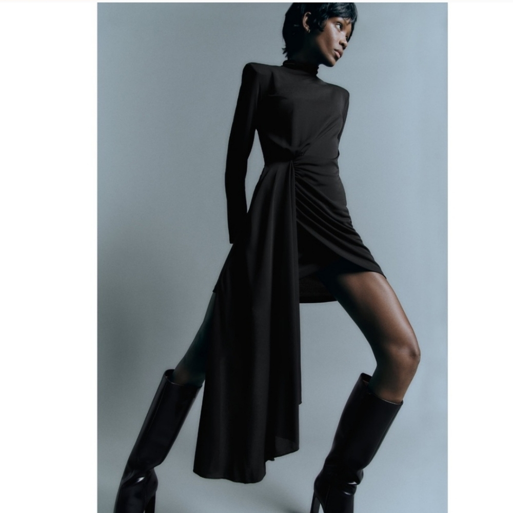 Zara * Gathered Mini Dress Black New - Picture 9 of 15